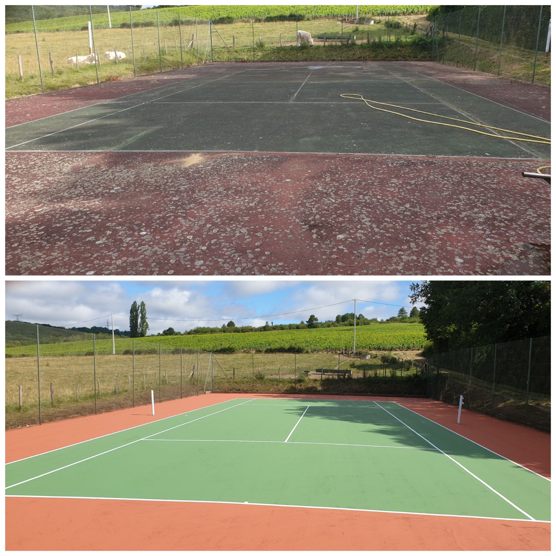 Court de tennis avant et après rénovation : la partie supérieure est usée avec des lignes délavées, la partie inférieure est un court fraîchement peint en vert et orange.