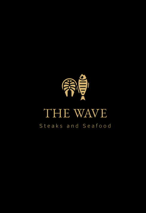 Goldenes Logo für „The Wave: Steaks and Seafood“ mit Fisch- und Lachssymbol auf schwarzem Hintergrund.