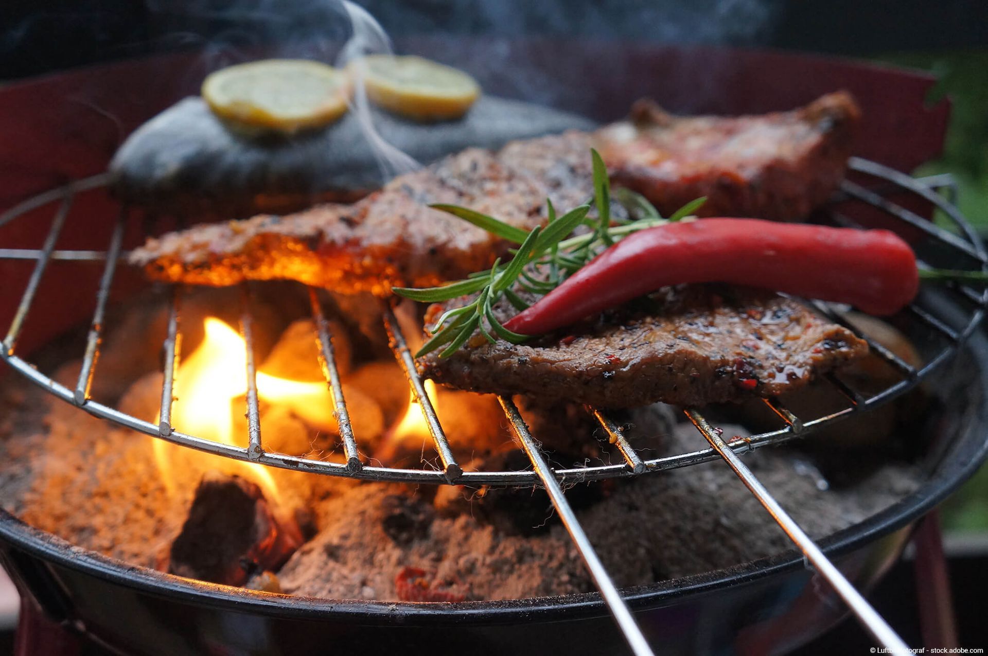 Speisen werden auf einem kleinen Holzkohlegrill gegrillt. Flammen, Fleisch, Zitronen und eine Chilischote sind zu sehen.