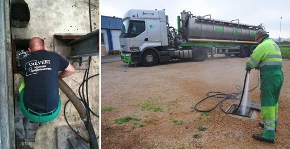 À gauche : Homme en pantalon vert et chemise noire travaillant dans un espace confiné. À droite : Ouvrier pulvérisant les eaux usées d'un camion provenant d'un égout.