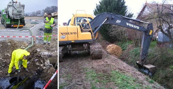 Deux chantiers : un ouvrier en combinaison jaune près d'une fosse septique, une excavatrice creusant dans un fossé boueux.