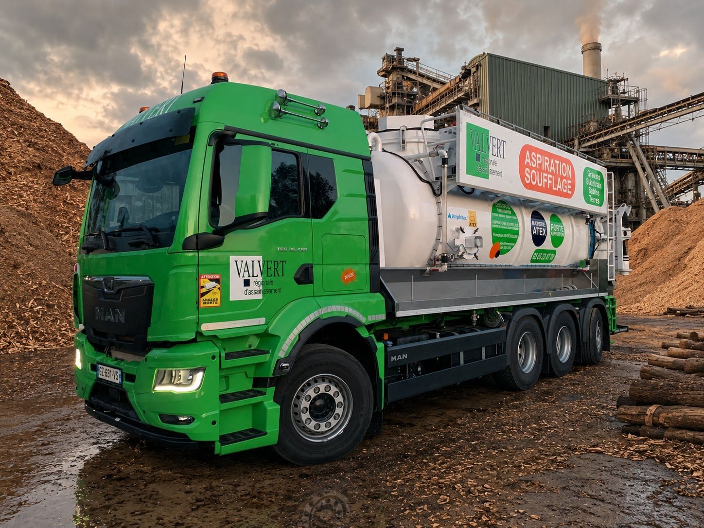 Un camion-citerne vert et blanc est stationné dans une rue étroite, devant un bâtiment, avec un tuyau bleu relié au sol.
