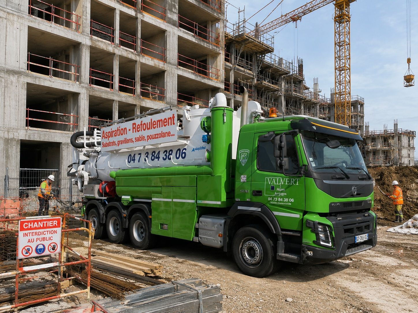 Un camion-citerne vert et argenté vide sa cuve dans un tuyau près d'un bâtiment. Un ouvrier en jaune se tient à proximité.