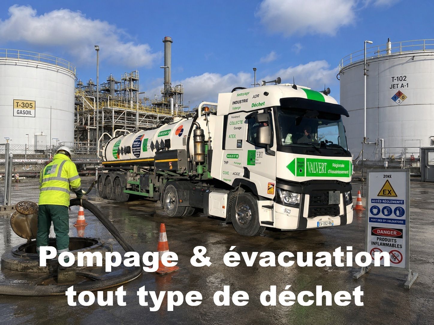 Camion vert et blanc, service d'entretien des égouts. Des ouvriers en gilets haute visibilité raccordent du matériel à une bouche d'égout.