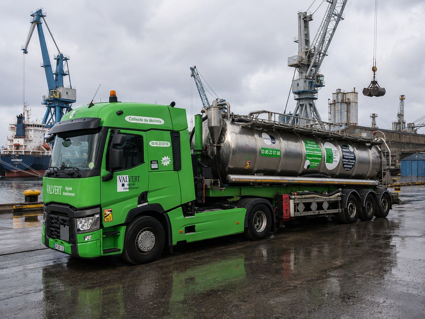 Camion-citerne vert stationné devant une usine.