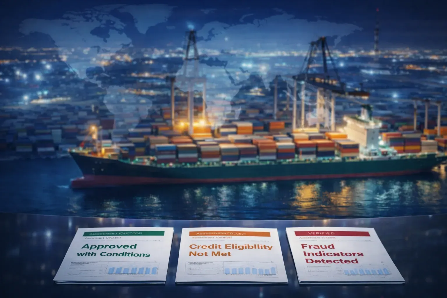 Credit risk report outcomes showing approved with conditions, credit eligibility not met, and fraud indicators detected for exporters and suppliers