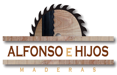 Logo de ALFONSO E HIJOS MADERAS con sierra circular y vetas de madera
