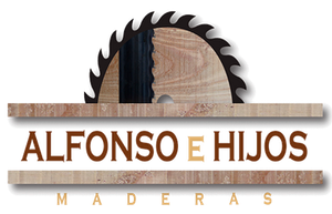Logo de ALFONSO E HIJOS MADERAS con sierra circular y vetas de madera