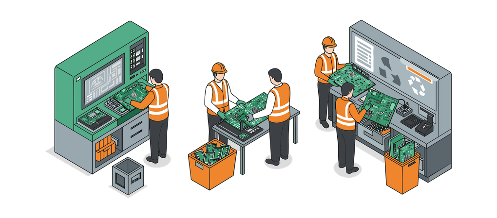 Des ouvriers portant des gilets de sécurité trient des déchets électroniques sur des postes de travail industriels.