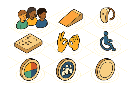 Icônes d'accessibilité comprenant des personnes, une rampe, des mains en langue des signes et un symbole de fauteuil roulant.
