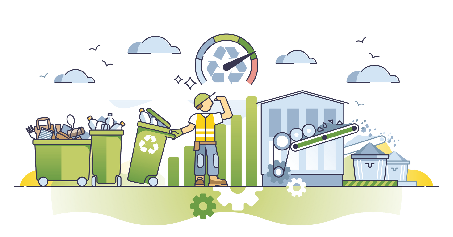 Personne avec une poubelle verte, et usine de traitement des déchets en arrière-plan.