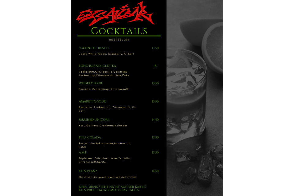Cocktail-Karte der Excalibar GmbH