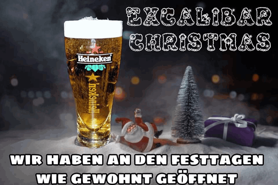 Plakat mit Bier, dass Excalibar GmbH über die Feiertage geöffnet hat