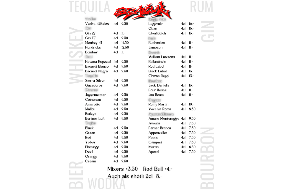 Karte mit alkoholischen Getränken in der Excalibar GmbH.