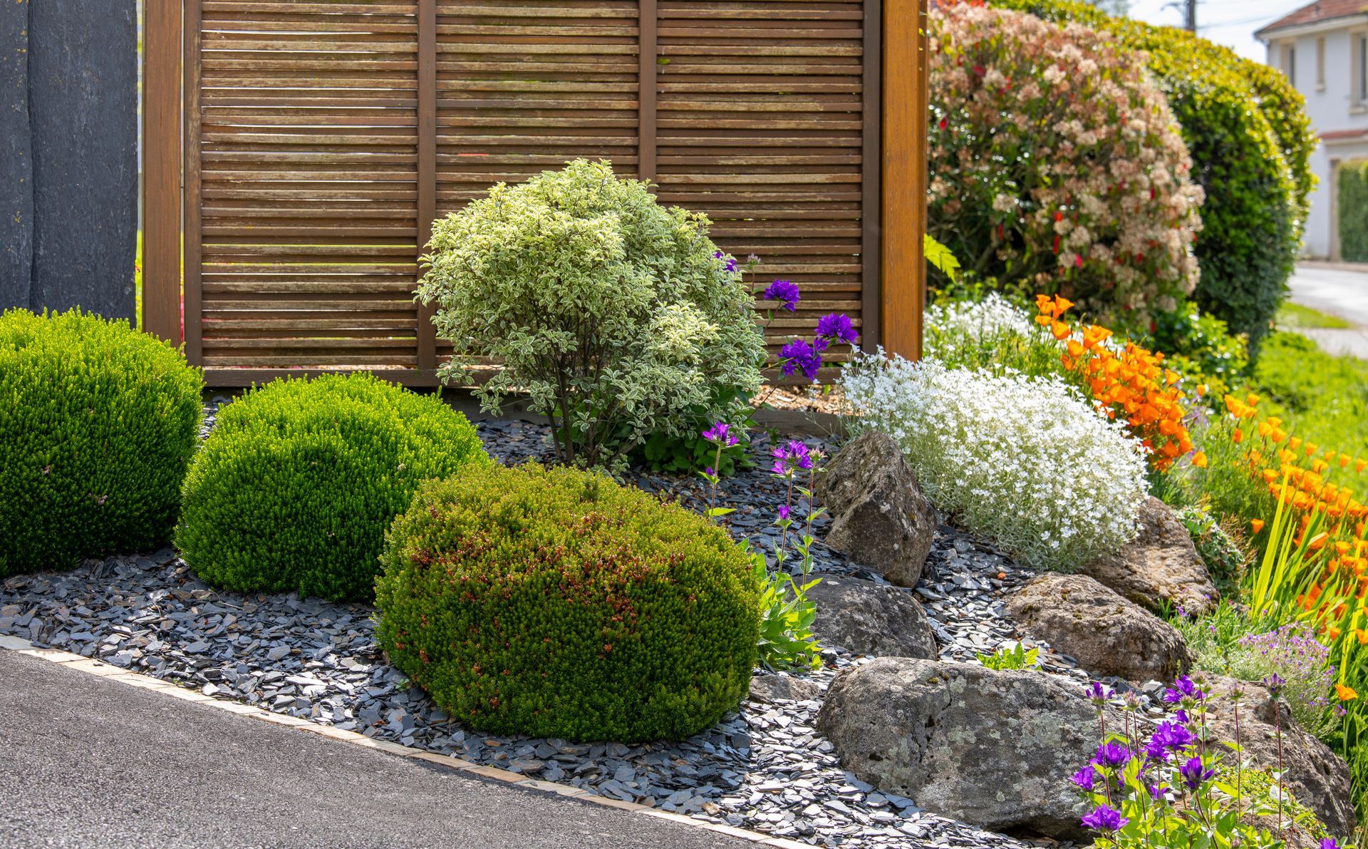 Un parterre de jardin paysager avec des arbustes arrondis, des rochers et des fleurs colorées, adossé à une clôture en bois et à une allée pavée.