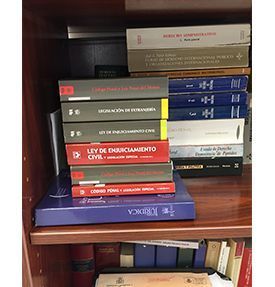 Una pila de libros en un estante, incluido uno titulado Ley de enriquecimiento civil.