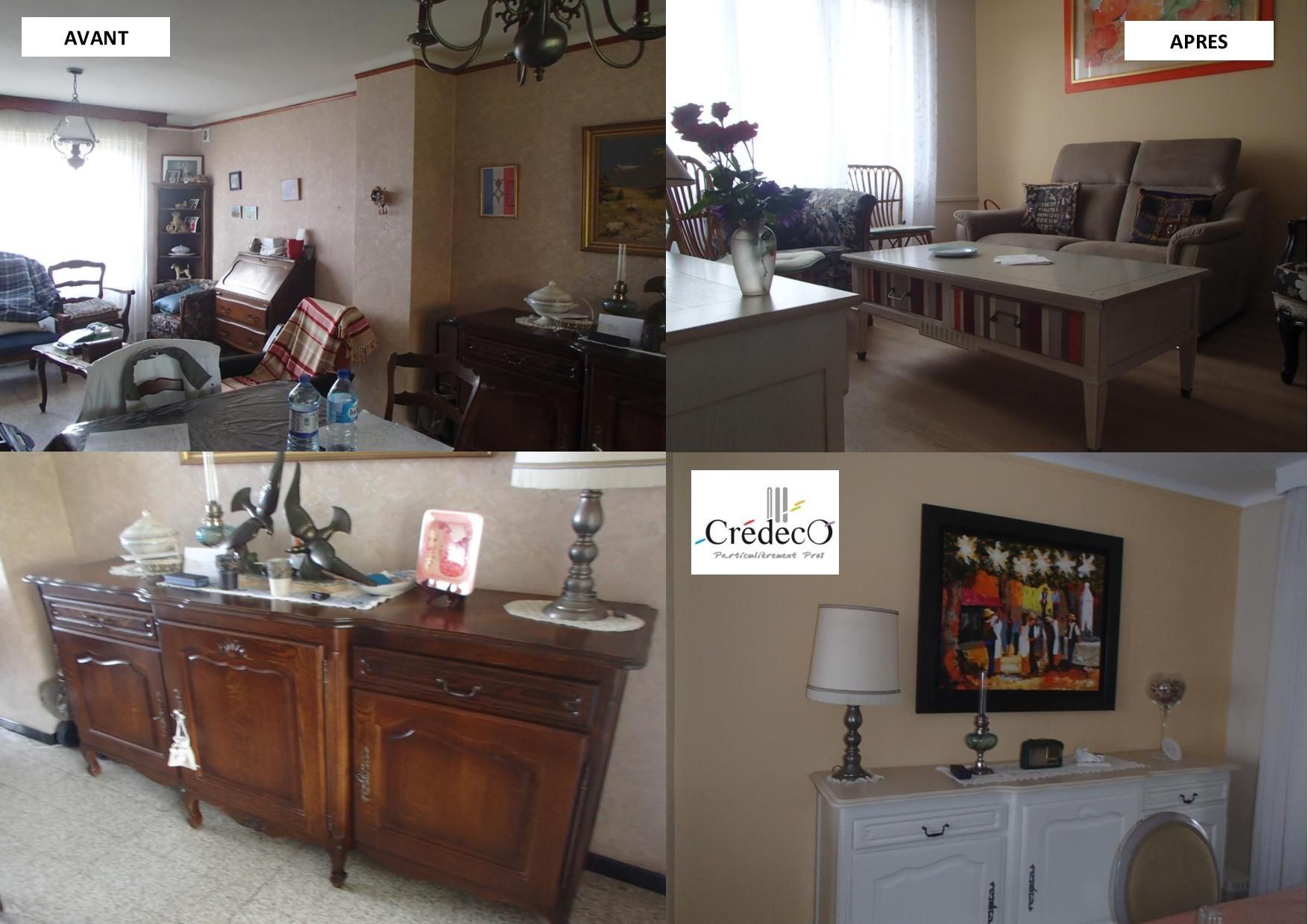 Plusieurs étapes du réaménagement d'une pièce avec de la peiture de mobilier