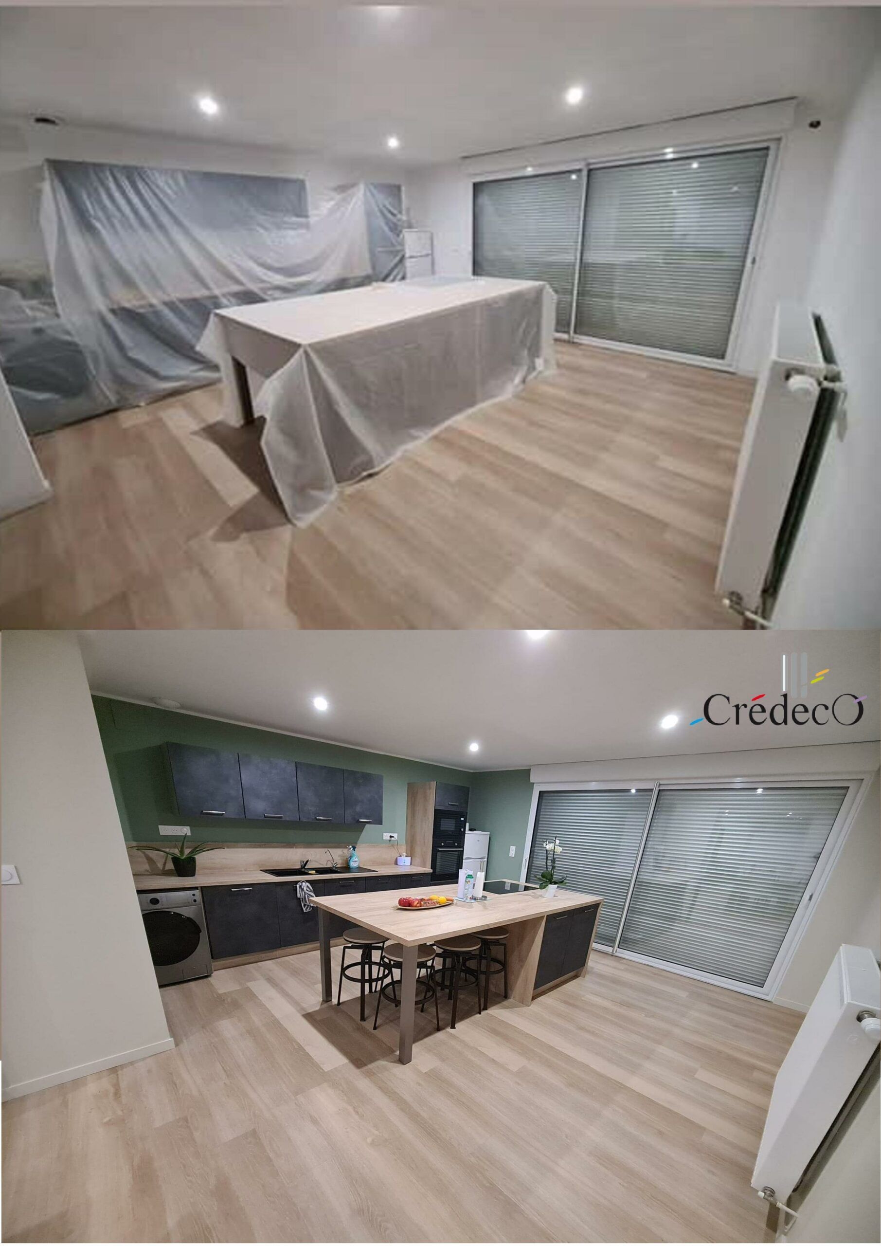 Rénovation d'une cuisine en cour avec la protection du chantier