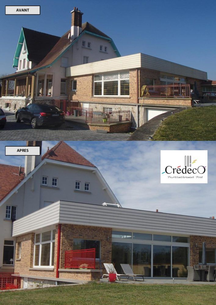 Façade de maison avec extension avent et après rénovation