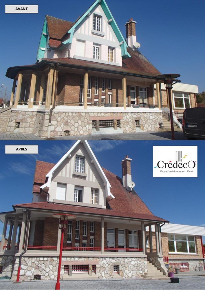 Avant/après du ravalement de façade d'une maison en brique