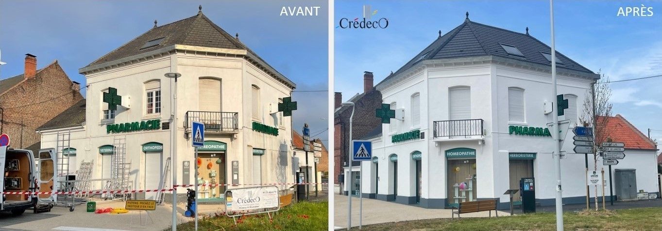 Avant/après rénovation extérieure d'une pharmacie