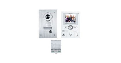Système d'interphone vidéo avec panneau extérieur, moniteur intérieur et alimentation électrique.