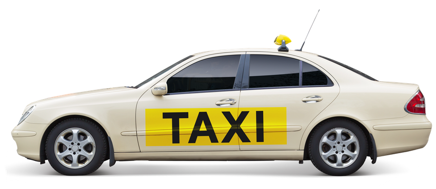 Ein weißes Taxi mit einem gelben Schild mit der Aufschrift „Taxi“
