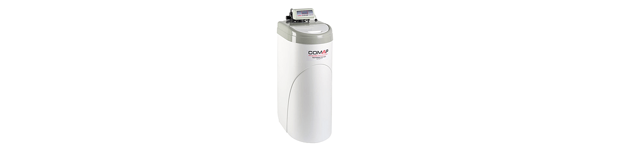 Filtre à eau cylindrique blanc avec couvercle gris.