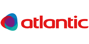 Logo Atlantic avec des formes colorées superposées et un texte rouge.