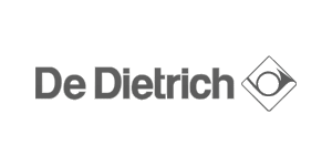 Logo De Dietrich : texte gris et emblème en forme de losange avec un motif tourbillonnant.
