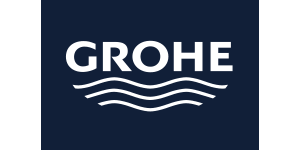 Inscription  GROHE  en blanc au-dessus de lignes ondulées sur fond bleu foncé, dans un carré bordé de blanc.