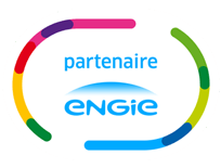 Logo ENGIE avec un anneau incurvé coloré et le texte partenaire.