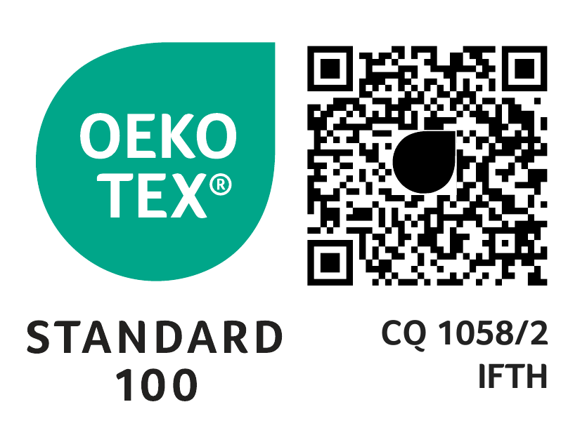 Étiquette de certification Oeko-Tex Standard 100, avec un logo vert, un code QR et le texte : CQ 1058/2 IFTH.
