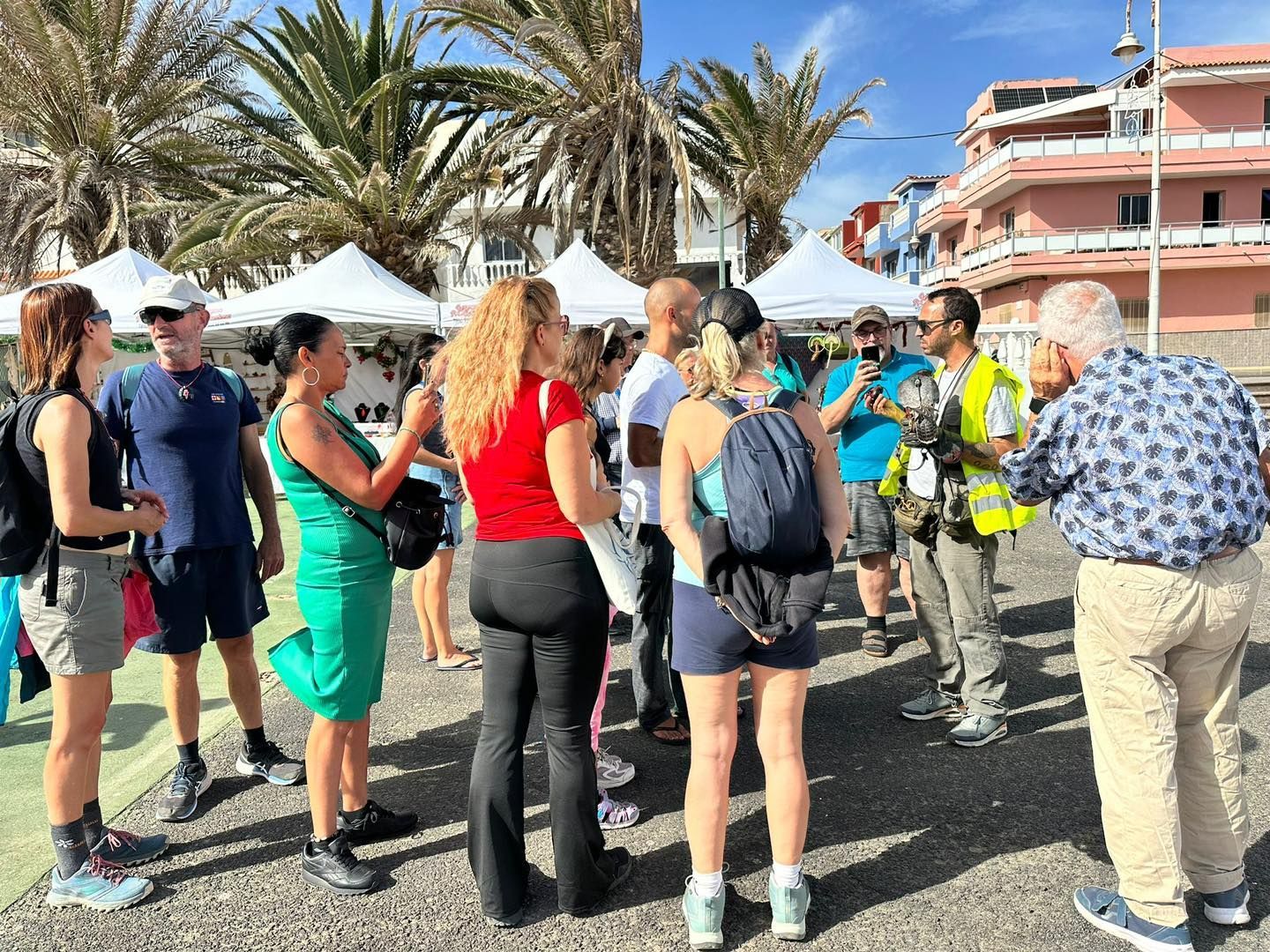 Grupo de personas reunidas al aire libre, algunas conversando, cerca de tiendas blancas y palmeras. Día soleado.