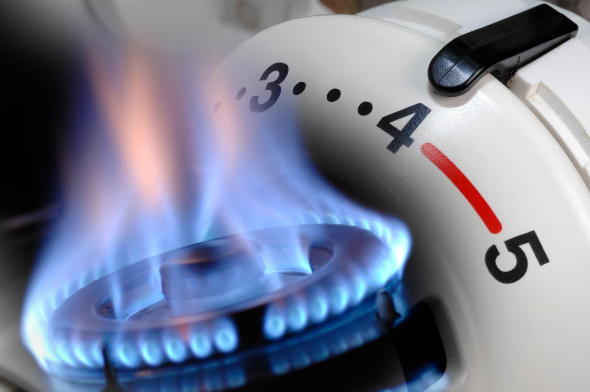 Blaue Flammen aus einem Gasbrenner, dessen Thermostatregler auf „5“ eingestellt ist.