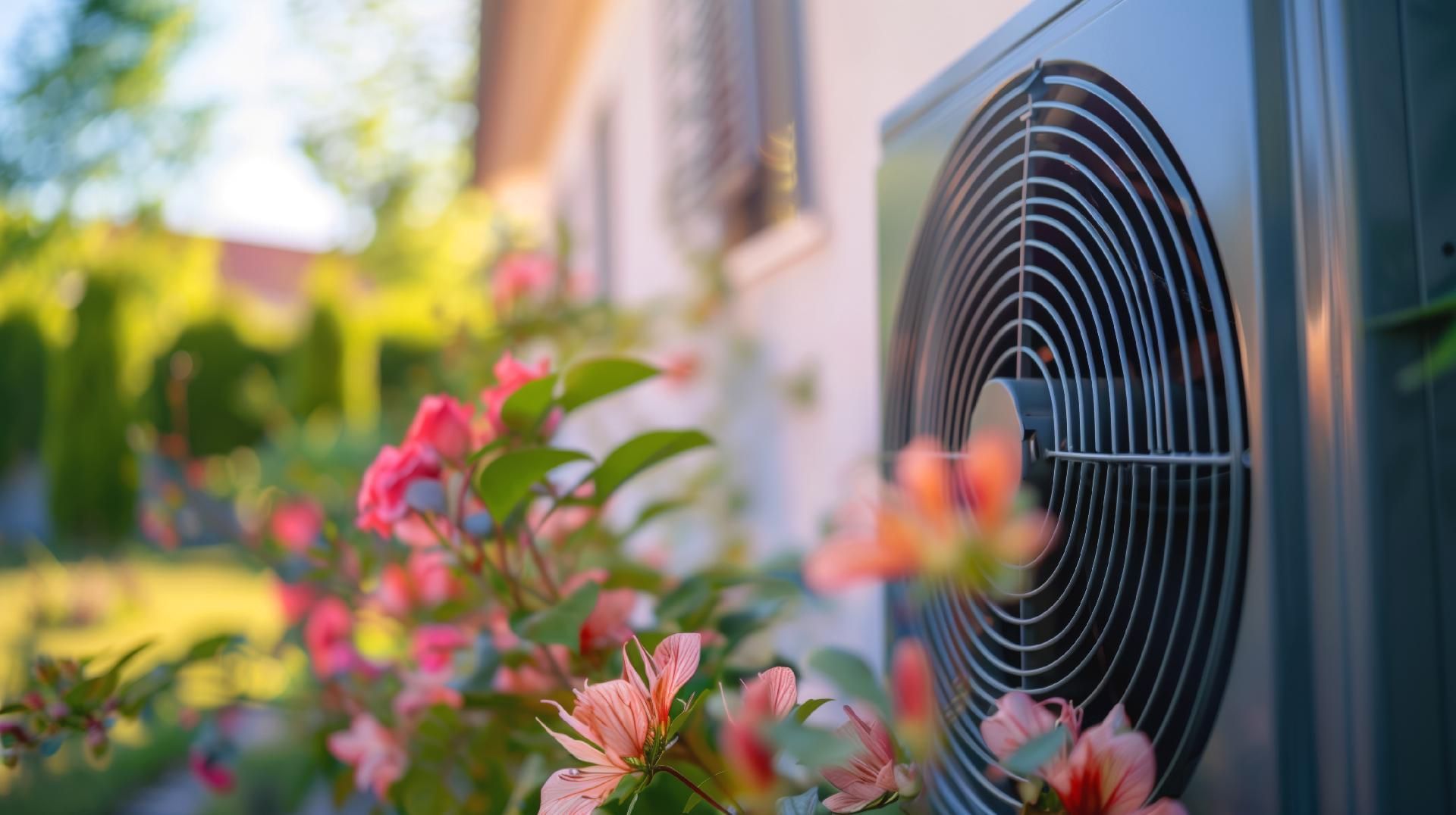 Klimaanlage außerhalb eines Gebäudes, umgeben von rosa Blumen und Grünpflanzen.