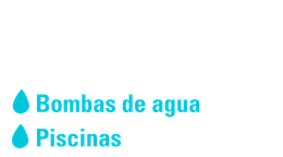 Un fondo blanco con dos gotas de agua azules y las palabras bombas de agua piscinas.
