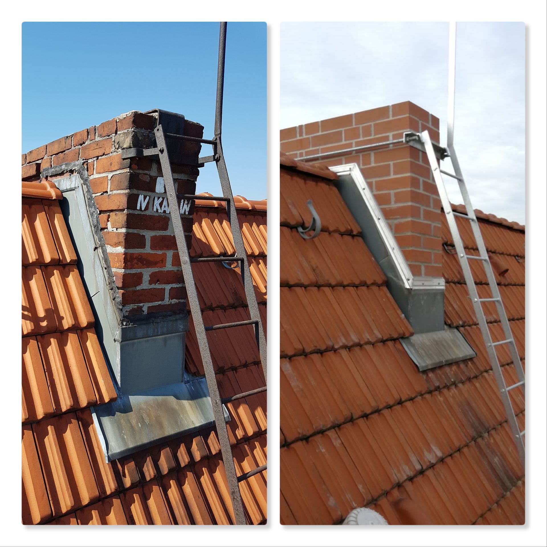 Zwei Fotos: vor und nach der Schornsteinreparatur. Gemauerter Schornstein auf einem roten Ziegeldach; Leiter.