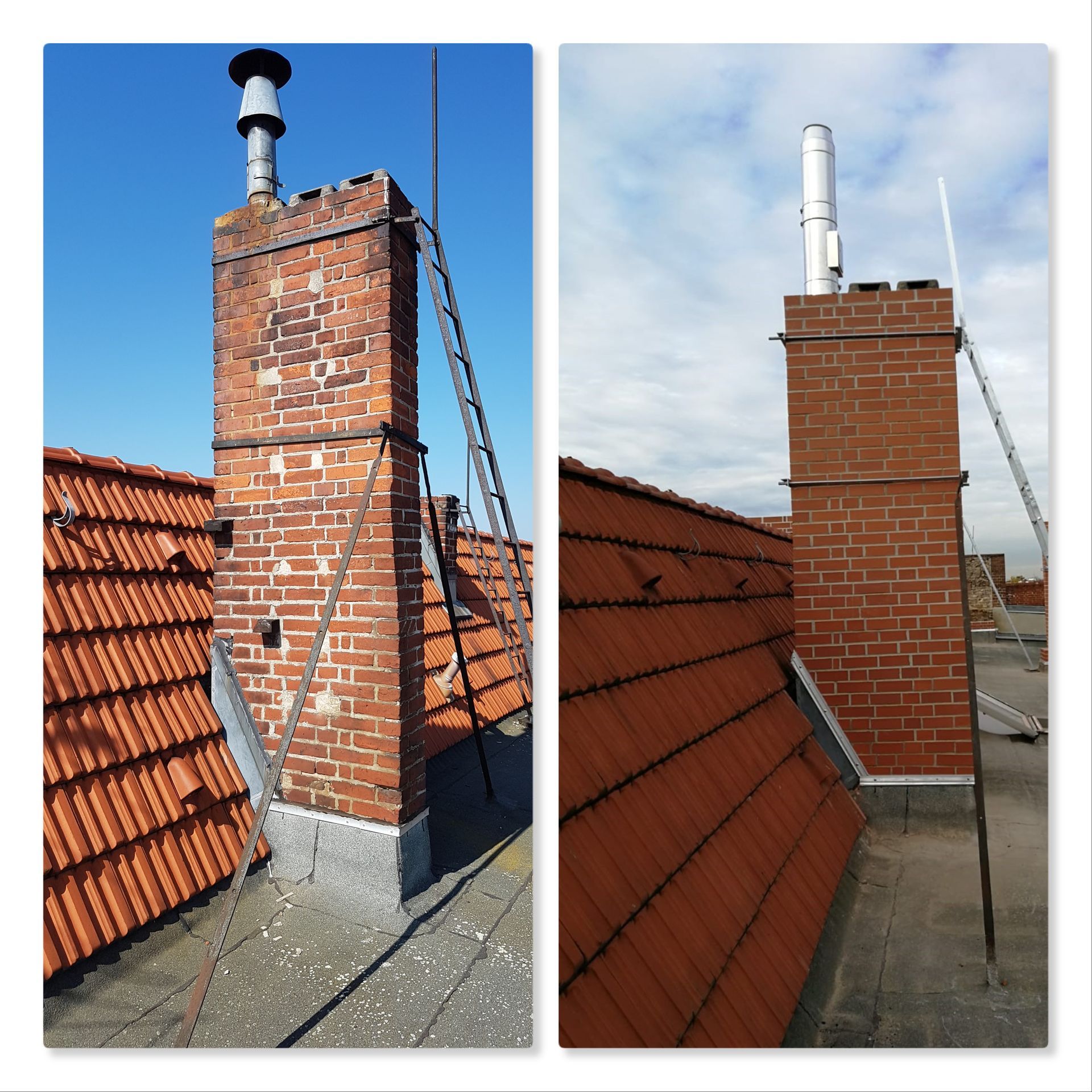 Zwei Bilder eines gemauerten Schornsteins auf einem roten Ziegeldach, vor und nach der Reinigung und Reparatur.
