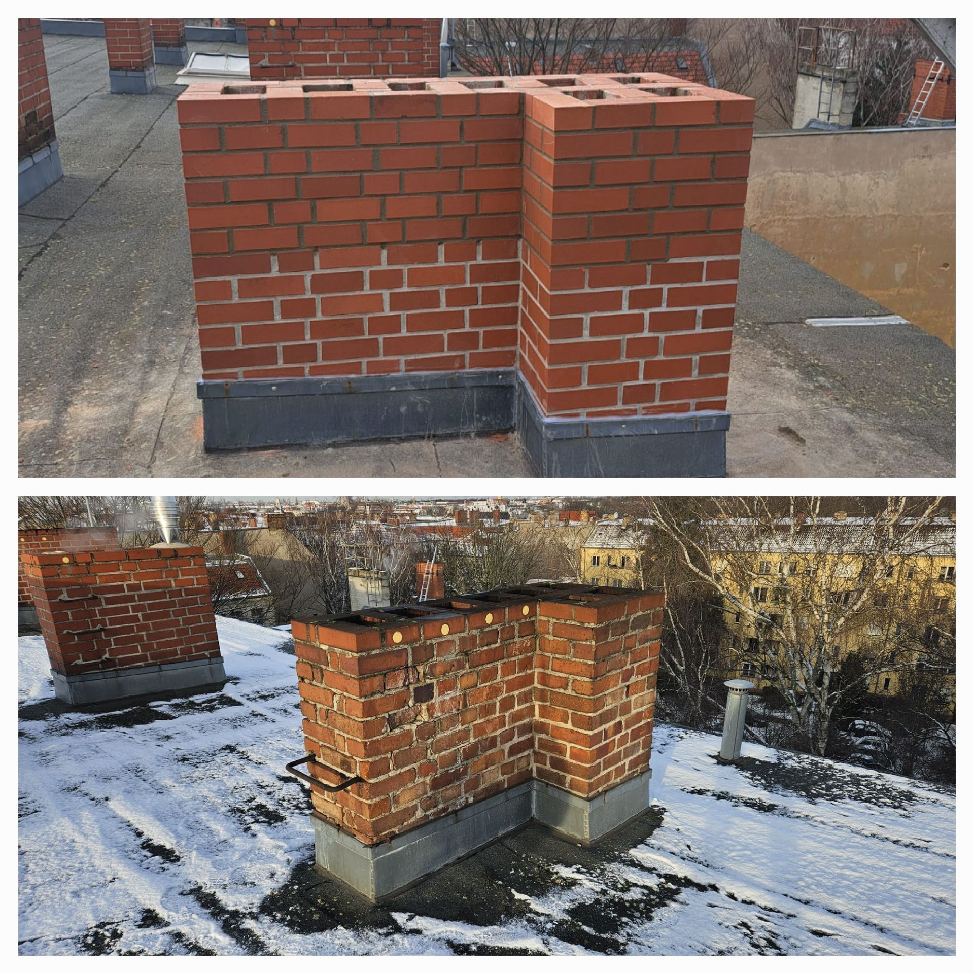 Zwei gemauerte Schornsteine ​​auf einem Dach, einer mit einer geraden Seite und der andere mit einer L-förmigen Seite.