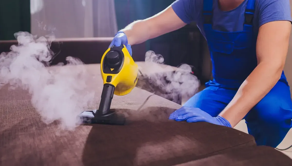 Un hombre está limpiando un sofá con un limpiador a vapor.