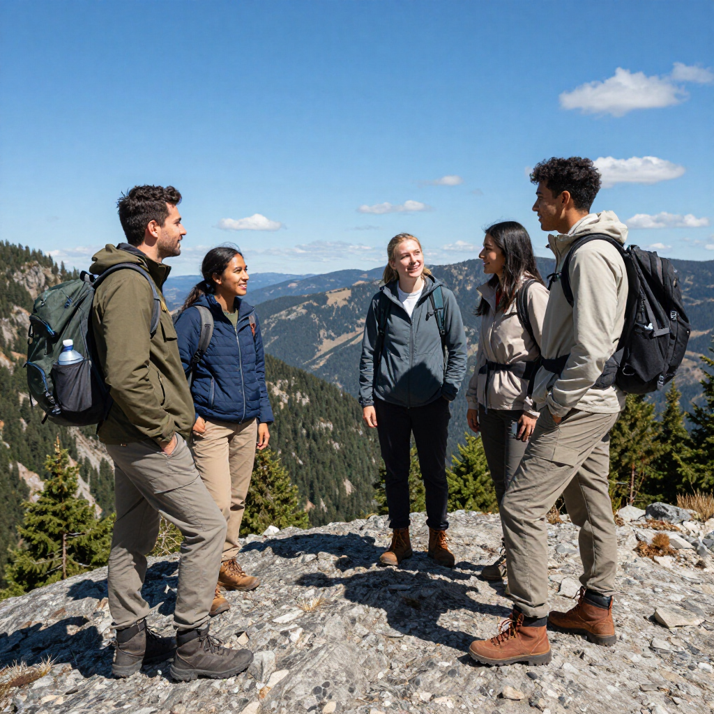 Cinco excursionistas charlando en un mirador rocoso de montaña con picos boscosos bajo un cielo azul.