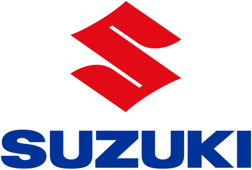 A red and blue logo for suzuki on a white background