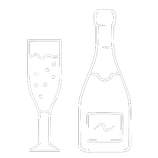 Una botella de champán y una copa de champán sobre un fondo blanco.