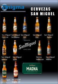 Un cartel de Cervezas San Miguel muestra muchos tipos diferentes de cerveza.