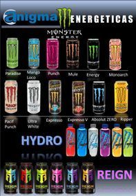 Un póster que muestra diferentes sabores de bebidas energéticas Monster.