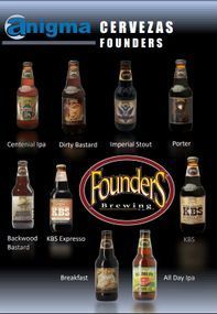 Un cartel que muestra botellas de fundadores elaborando cerveza.