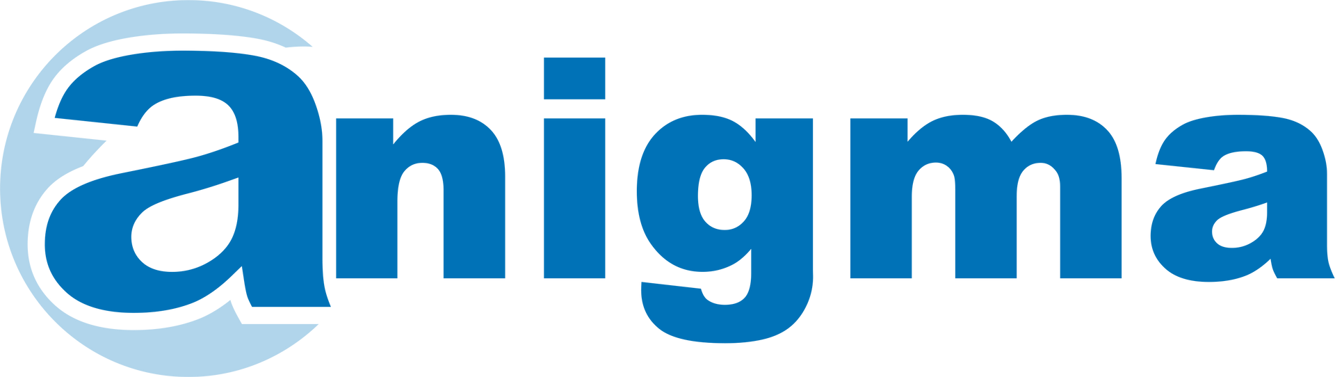 Un logotipo azul y blanco para Anigma sobre un fondo blanco.