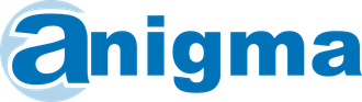 Un logotipo azul y blanco para Anigma sobre un fondo blanco.