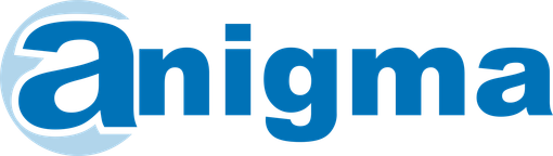 Un logotipo azul y blanco para Anigma sobre un fondo blanco.